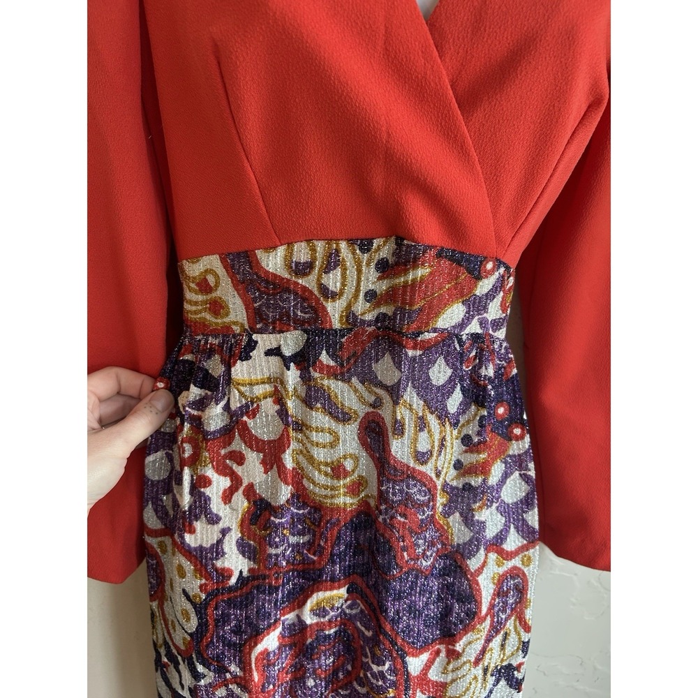 Vintage 1970s Metallic Paisley Maxi Dress M Red Empire Psychedelic Evening Gown - Picture 3 of 11